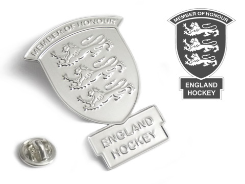 Etched sterling silver lapel pins custom made for England Hockey team members